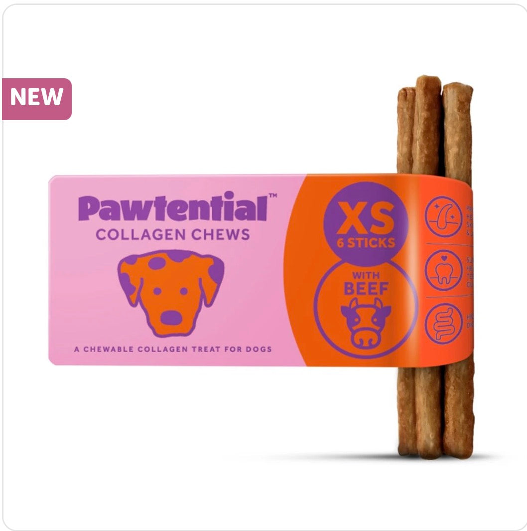 Pawtential XS Collagen Treats in Beef, Salmon and Peanut Butter Flavours. 6 Chew Sticks