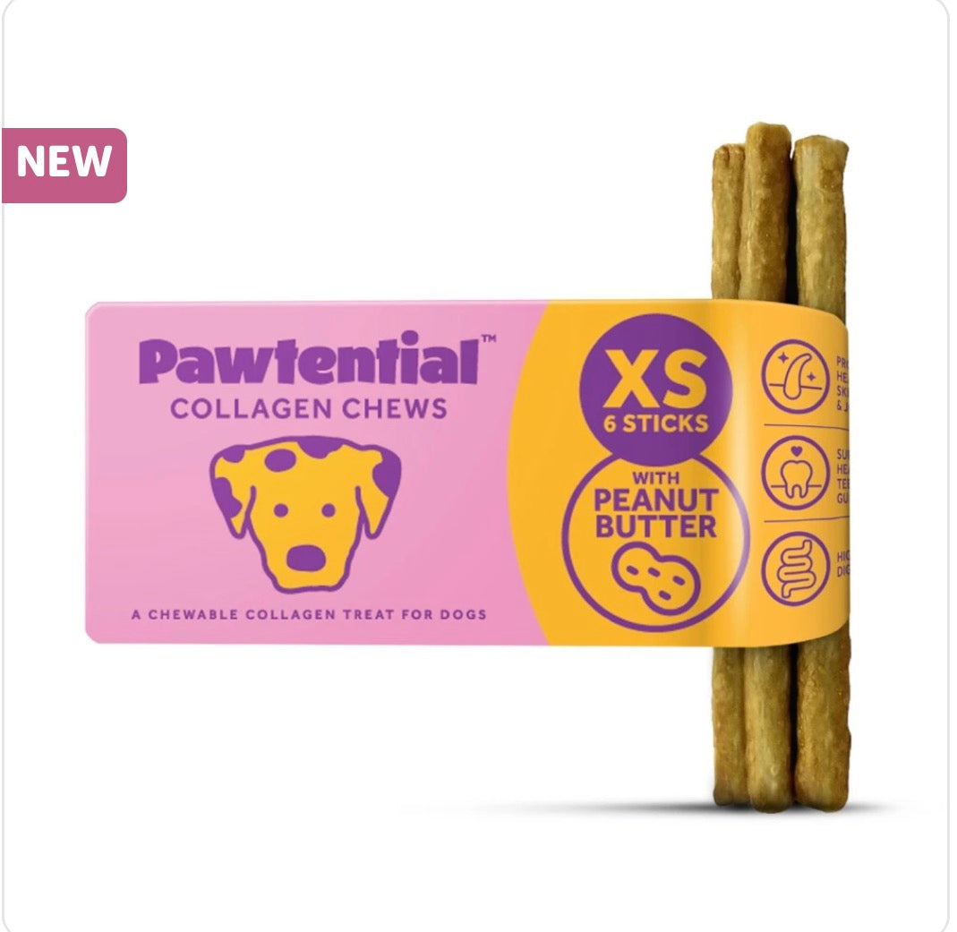 Pawtential XS Collagen Treats in Beef, Salmon and Peanut Butter Flavours. 6 Chew Sticks