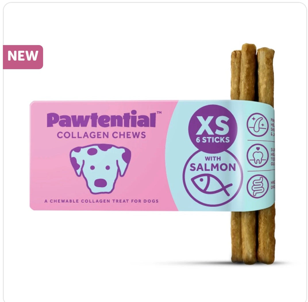 Pawtential XS Collagen Treats in Beef, Salmon and Peanut Butter Flavours. 6 Chew Sticks