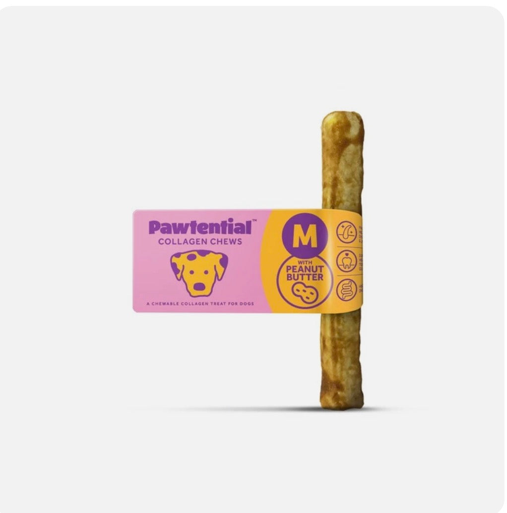 Pawtential Collagen Dog Chew in Peanut Butter and Salmon Flavours. Size Medium