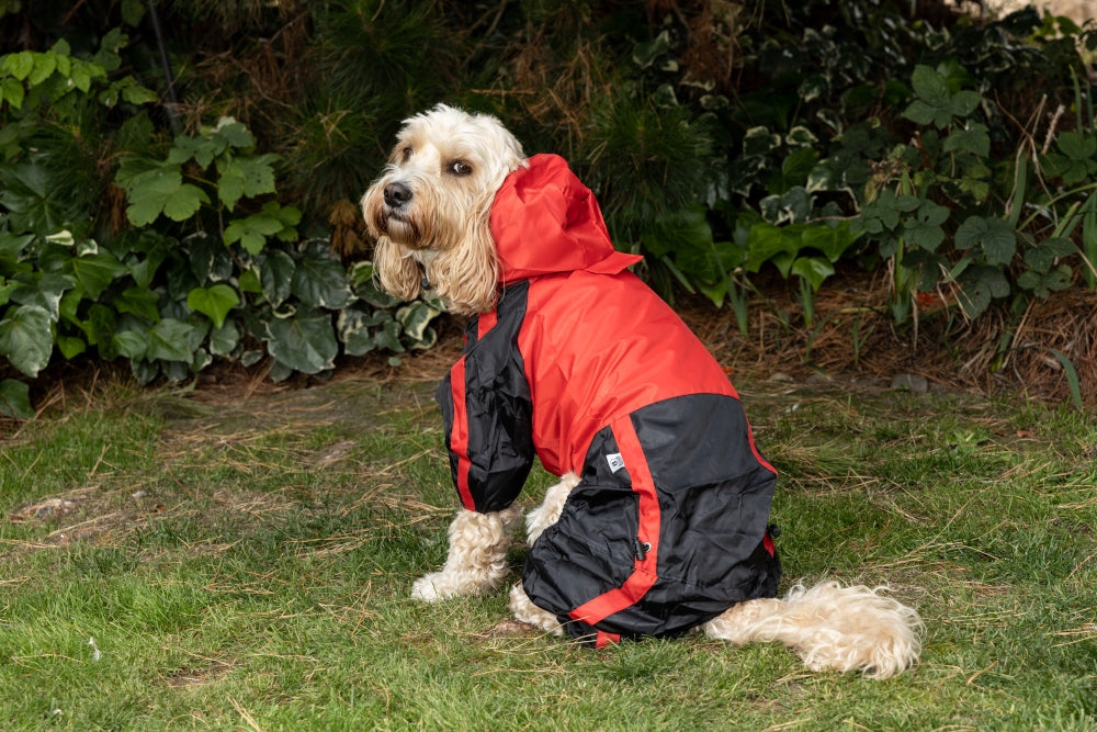 Waterproof Dog Coat with legs in Red Black