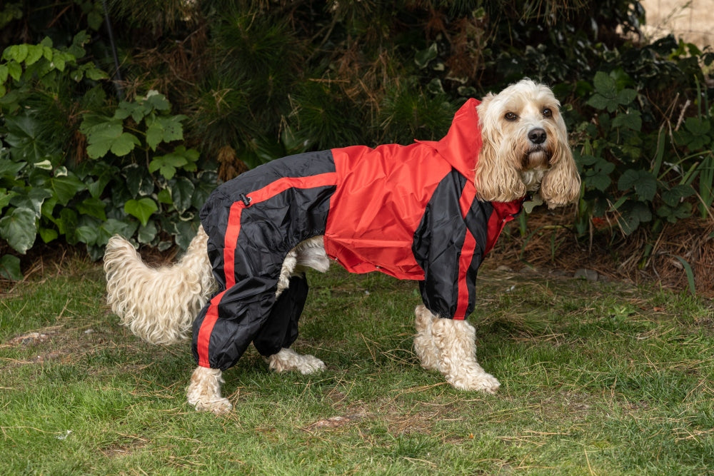 Waterproof Dog Coat with legs in Red Black